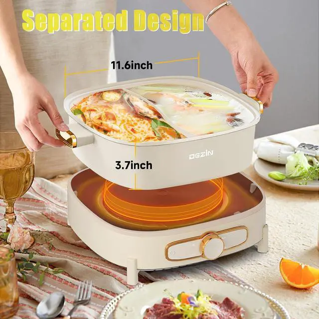 Alt view image 6 of 6 - Dezin Hot Electric Shabu Shabu Pot, 5.5L Double-Flavor, Removable Non-Stick Dual Sided Cooker, 3" Depth Divided Pot with Multi-Power Control, 2 Silicone Ladles