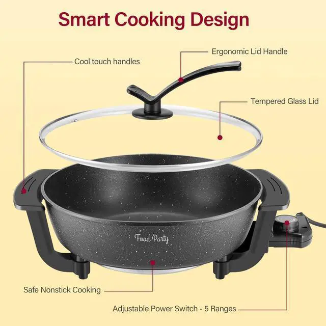 Alt view image 3 of 7 - Food Party Electric Hot Pot Skillet Hotpot Pot Electric Cooker Shabu Shabu Pot 110V Non-Stick 6L BPA FREE Fondue Chinese Hot Pot