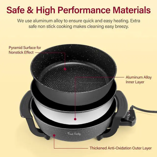 Alt view image 5 of 7 - Food Party Electric Hot Pot Skillet Hotpot Pot Electric Cooker Shabu Shabu Pot 110V Non-Stick 6L BPA FREE Fondue Chinese Hot Pot