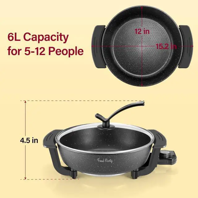 Alt view image 6 of 7 - Food Party Electric Hot Pot Skillet Hotpot Pot Electric Cooker Shabu Shabu Pot 110V Non-Stick 6L BPA FREE Fondue Chinese Hot Pot