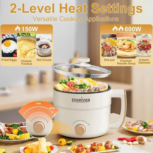 Alt view image 2 of 6 - Stariver 1.5L Electric Hot Pot with Dual Power - Mini Portable Non-Stick Noodle Cooker for Ramen, Soup, Pasta, Egg, Oatmeal - Overheat & Boil-Dry Protection - Ideal for Dorm, Office, Travel Gift