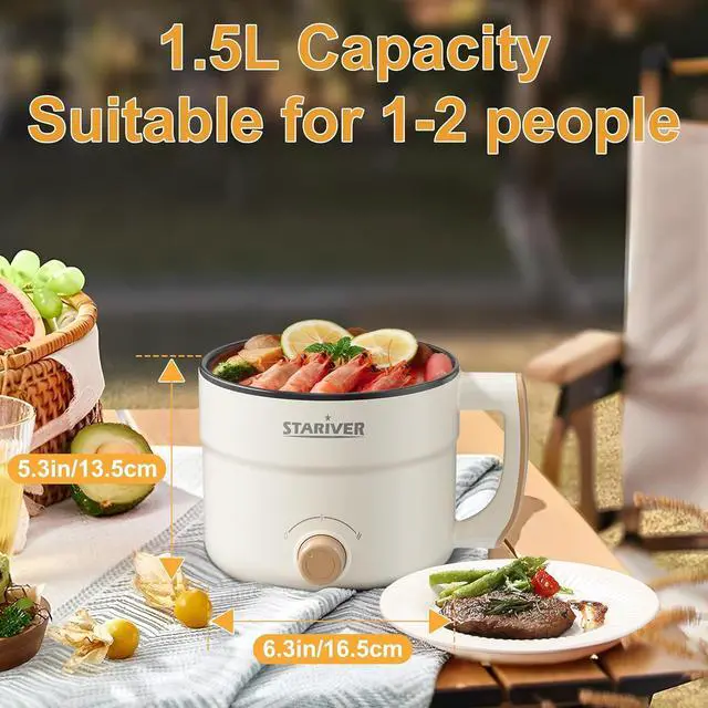 Alt view image 5 of 6 - Stariver 1.5L Electric Hot Pot with Dual Power - Mini Portable Non-Stick Noodle Cooker for Ramen, Soup, Pasta, Egg, Oatmeal - Overheat & Boil-Dry Protection - Ideal for Dorm, Office, Travel Gift