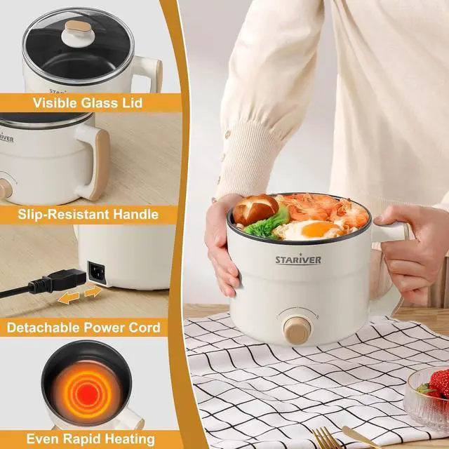 Alt view image 6 of 6 - Stariver 1.5L Electric Hot Pot with Dual Power - Mini Portable Non-Stick Noodle Cooker for Ramen, Soup, Pasta, Egg, Oatmeal - Overheat & Boil-Dry Protection - Ideal for Dorm, Office, Travel Gift