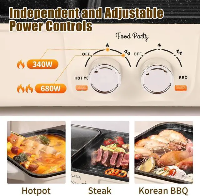Alt view image 2 of 7 - Food Party Hot Pot Electric Grill 2 in 1 Korean BBQ Grill Indoor Smokeless Hotpot Pot Electric Cooker Sahabu Shabu Pot Non Stick (Small)
