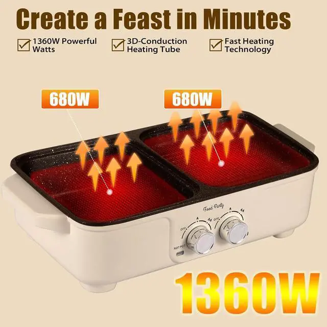 Alt view image 3 of 7 - Food Party Hot Pot Electric Grill 2 in 1 Korean BBQ Grill Indoor Smokeless Hotpot Pot Electric Cooker Sahabu Shabu Pot Non Stick (Small)