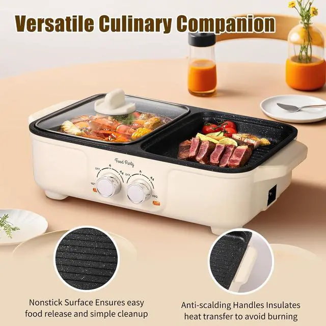 Alt view image 4 of 7 - Food Party Hot Pot Electric Grill 2 in 1 Korean BBQ Grill Indoor Smokeless Hotpot Pot Electric Cooker Sahabu Shabu Pot Non Stick (Small)
