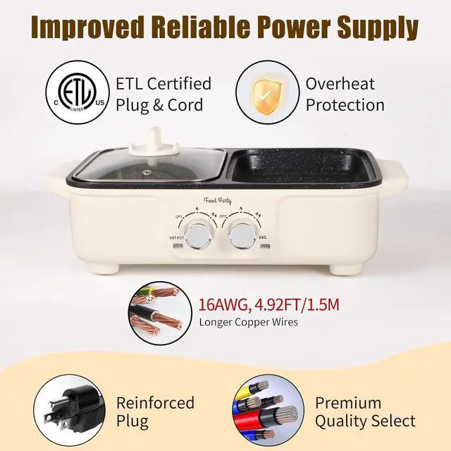 Alt view image 5 of 7 - Food Party Hot Pot Electric Grill 2 in 1 Korean BBQ Grill Indoor Smokeless Hotpot Pot Electric Cooker Sahabu Shabu Pot Non Stick (Small)
