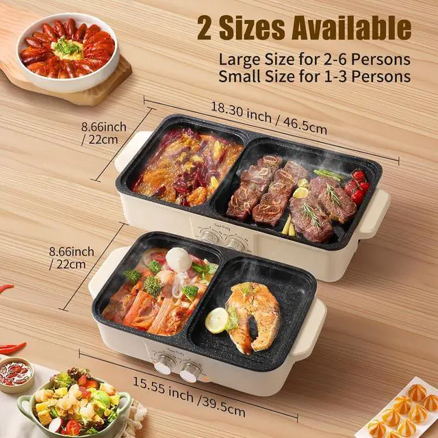 Alt view image 6 of 7 - Food Party Hot Pot Electric Grill 2 in 1 Korean BBQ Grill Indoor Smokeless Hotpot Pot Electric Cooker Sahabu Shabu Pot Non Stick (Small)