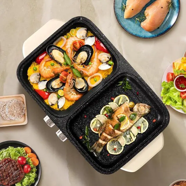 Alt view image 7 of 7 - Food Party Hot Pot Electric Grill 2 in 1 Korean BBQ Grill Indoor Smokeless Hotpot Pot Electric Cooker Sahabu Shabu Pot Non Stick (Small)