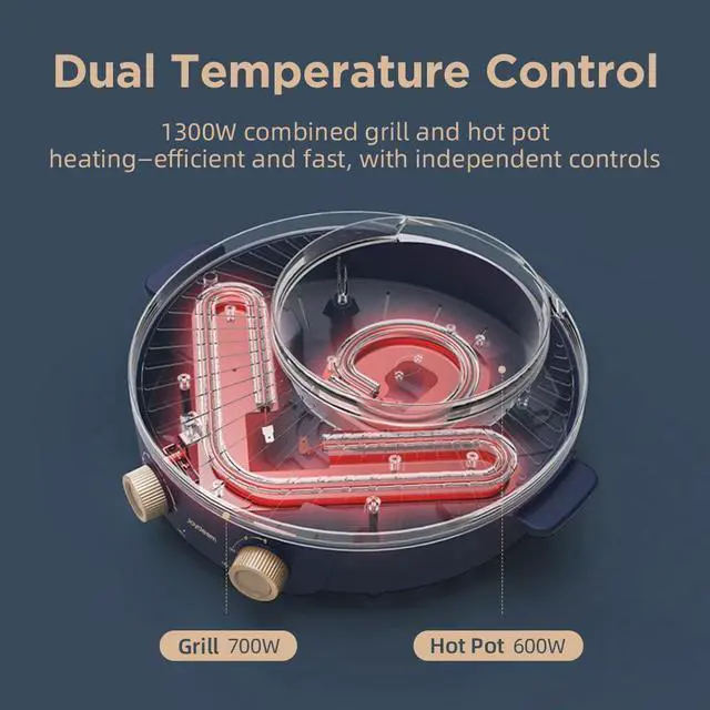 Alt view image 3 of 7 - Joydeem Electric Grill with Shabu Shabu Hot Pot, Compact Korean BBQ Hotpot Combo Machine, 2L Hot Pot, Suitable for 1-4 People, JD-SK3407