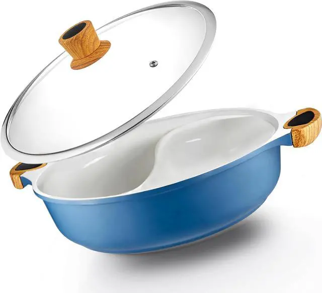 Main image of Nonstick Hot Pot with Divider, Blue Shabu Shabu with Silicone Spoons, Divided Cooker for Two Broths, Compatible with Induction, Gas Stove, or Grill