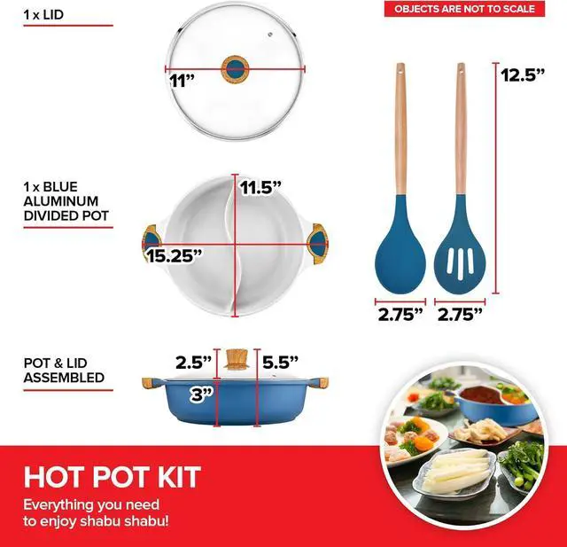 Alt view image 2 of 7 - Nonstick Hot Pot with Divider, Blue Shabu Shabu with Silicone Spoons, Divided Cooker for Two Broths, Compatible with Induction, Gas Stove, or Grill
