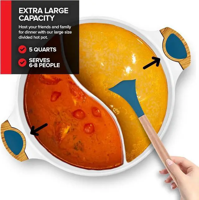 Alt view image 3 of 7 - Nonstick Hot Pot with Divider, Blue Shabu Shabu with Silicone Spoons, Divided Cooker for Two Broths, Compatible with Induction, Gas Stove, or Grill