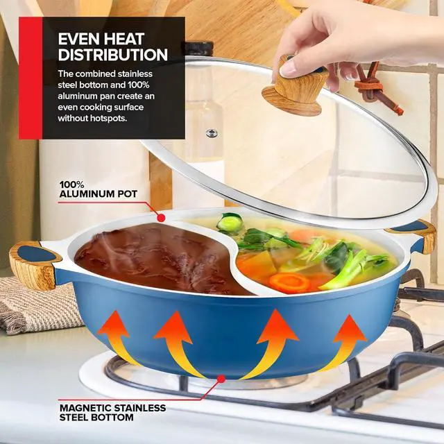 Alt view image 5 of 7 - Nonstick Hot Pot with Divider, Blue Shabu Shabu with Silicone Spoons, Divided Cooker for Two Broths, Compatible with Induction, Gas Stove, or Grill