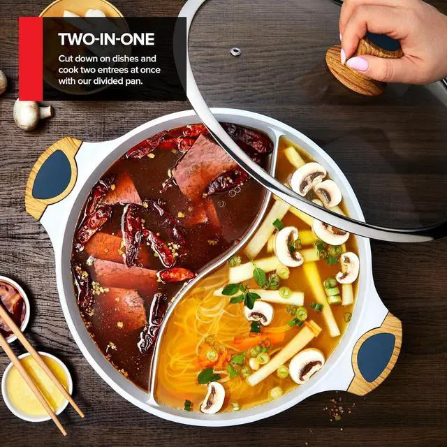 Alt view image 6 of 7 - Nonstick Hot Pot with Divider, Blue Shabu Shabu with Silicone Spoons, Divided Cooker for Two Broths, Compatible with Induction, Gas Stove, or Grill