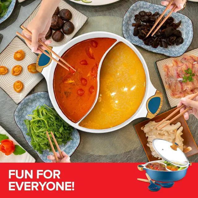 Alt view image 7 of 7 - Nonstick Hot Pot with Divider, Blue Shabu Shabu with Silicone Spoons, Divided Cooker for Two Broths, Compatible with Induction, Gas Stove, or Grill