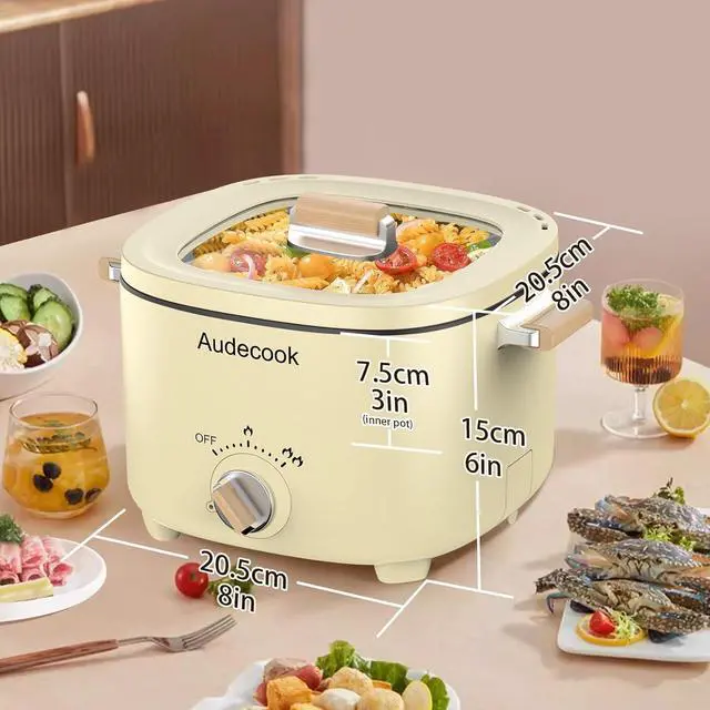 Alt view image 3 of 7 - Audecook Hot Pot Electric, 2.5L Portable Nonstick Multicooker for 1-3 Persons, Honeycomb Texture Travel Electric Skillet with Dual Power Temperature Control for Steak/Egg/Noodles/Oatmeal (Beige)