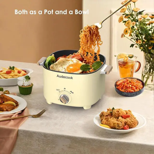 Alt view image 4 of 7 - Audecook Hot Pot Electric, 2.5L Portable Nonstick Multicooker for 1-3 Persons, Honeycomb Texture Travel Electric Skillet with Dual Power Temperature Control for Steak/Egg/Noodles/Oatmeal (Beige)