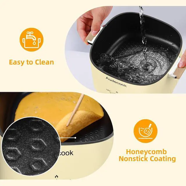 Alt view image 5 of 7 - Audecook Hot Pot Electric, 2.5L Portable Nonstick Multicooker for 1-3 Persons, Honeycomb Texture Travel Electric Skillet with Dual Power Temperature Control for Steak/Egg/Noodles/Oatmeal (Beige)