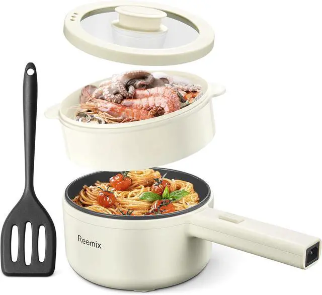 Main image of Hot Pot Electric With Steamer, 1.6L Ramen Cooker Non-Stick Sauté Pan for Steak, Egg, Fried Rice, Ramen, Oatmeal, Soup, Portable Personal Perfect Suit Dorm Room and Apartment (White)