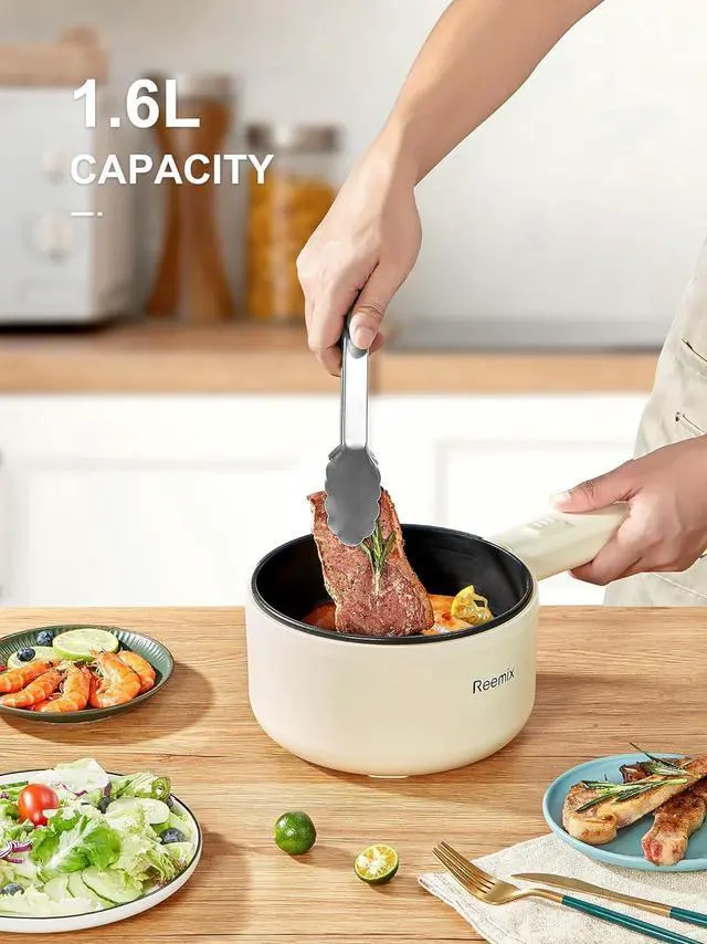 Alt view image 4 of 7 - Hot Pot Electric With Steamer, 1.6L Ramen Cooker Non-Stick Sauté Pan for Steak, Egg, Fried Rice, Ramen, Oatmeal, Soup, Portable Personal Perfect Suit Dorm Room and Apartment (White)