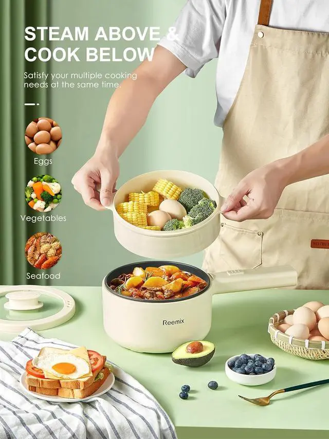Alt view image 6 of 7 - Hot Pot Electric With Steamer, 1.6L Ramen Cooker Non-Stick Sauté Pan for Steak, Egg, Fried Rice, Ramen, Oatmeal, Soup, Portable Personal Perfect Suit Dorm Room and Apartment (White)