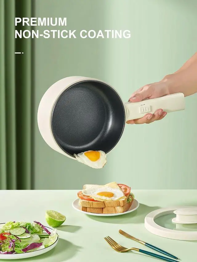 Alt view image 3 of 7 - Hot Pot Electric With Steamer, 1.6L Ramen Cooker Non-Stick Sauté Pan for Steak, Egg, Fried Rice, Ramen, Oatmeal, Soup, Portable Personal Perfect Suit Dorm Room and Apartment (White)