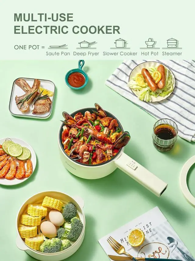 Alt view image 7 of 7 - Hot Pot Electric With Steamer, 1.6L Ramen Cooker Non-Stick Sauté Pan for Steak, Egg, Fried Rice, Ramen, Oatmeal, Soup, Portable Personal Perfect Suit Dorm Room and Apartment (White)