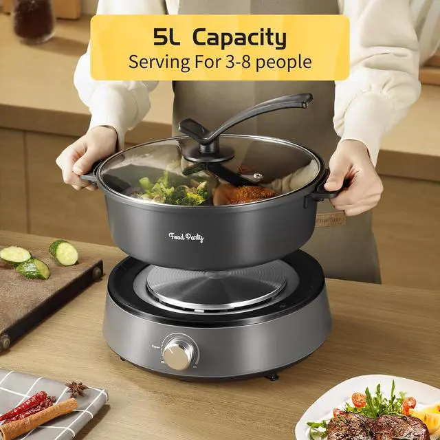 Alt view image 2 of 7 - Food Party Hot Pot Electric Upgraded Separable Shabu Shabu Pot with Divider Hotpot Pot Electric Cooker Dual Sided 110V 1350W Non-Stick 5L Fondue Pot for 2-6 People
