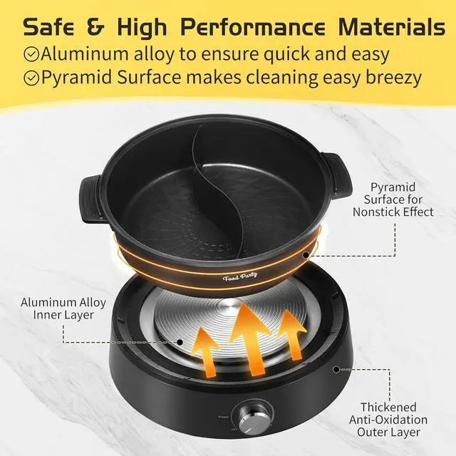 Alt view image 3 of 7 - Food Party Hot Pot Electric Upgraded Separable Shabu Shabu Pot with Divider Hotpot Pot Electric Cooker Dual Sided 110V 1350W Non-Stick 5L Fondue Pot for 2-6 People
