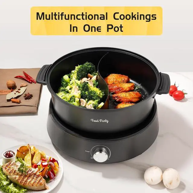 Alt view image 6 of 7 - Food Party Hot Pot Electric Upgraded Separable Shabu Shabu Pot with Divider Hotpot Pot Electric Cooker Dual Sided 110V 1350W Non-Stick 5L Fondue Pot for 2-6 People