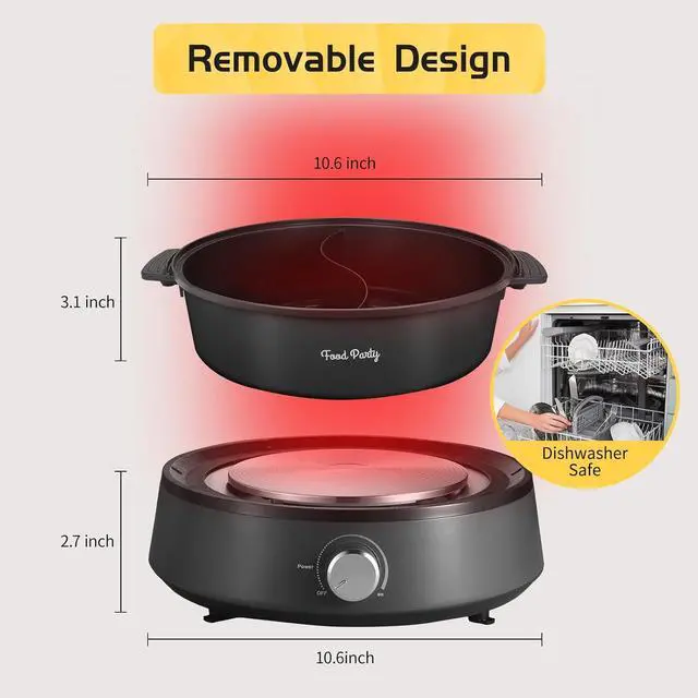 Alt view image 7 of 7 - Food Party Hot Pot Electric Upgraded Separable Shabu Shabu Pot with Divider Hotpot Pot Electric Cooker Dual Sided 110V 1350W Non-Stick 5L Fondue Pot for 2-6 People