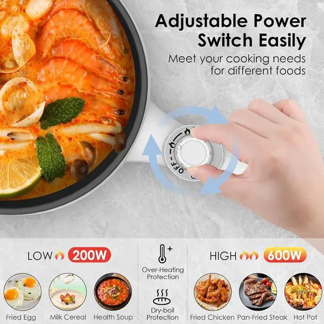 Alt view image 3 of 7 - Audecook Hot Pot Electric, 1.7L Mini Electric Skillet Portable Nonstick Sauté Pan with Power Adjustment, Rapid Noodles Cooker Travel Multicooker for Steak/Soup/Egg/Oatmeal/Noodles