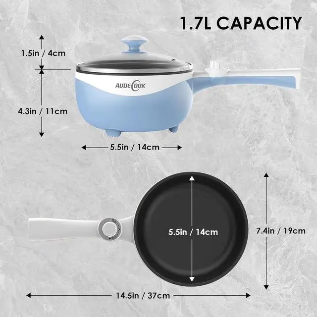 Alt view image 7 of 7 - Audecook Hot Pot Electric, 1.7L Mini Electric Skillet Portable Nonstick Sauté Pan with Power Adjustment, Rapid Noodles Cooker Travel Multicooker for Steak/Soup/Egg/Oatmeal/Noodles