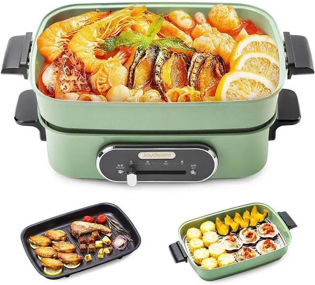 Main image of Joydeem 3-in-1 Electric Hot Pot, Multi-use Shabu Shabu Pot with Grill Pan & Steamer, Non-stick Ceramic Oil Coating, UL Listed, JD-HG9088G, Green