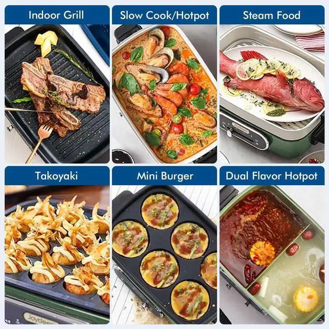 Alt view image 2 of 6 - Joydeem 3-in-1 Electric Hot Pot, Multi-use Shabu Shabu Pot with Grill Pan & Steamer, Non-stick Ceramic Oil Coating, UL Listed, JD-HG9088G, Green