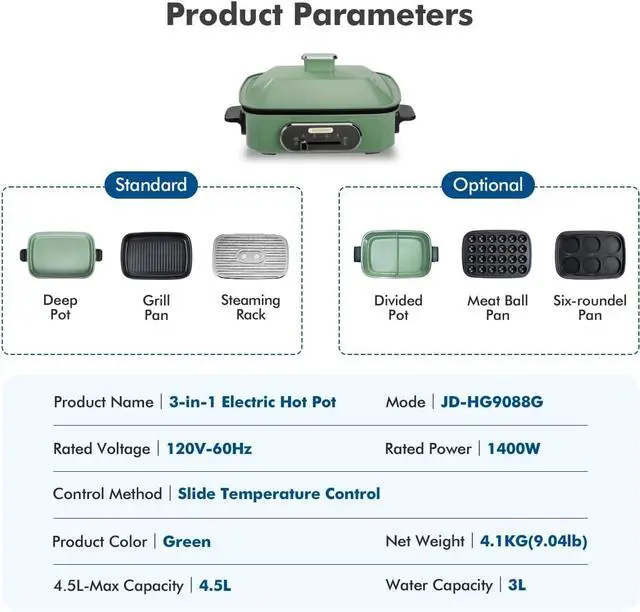 Alt view image 3 of 6 - Joydeem 3-in-1 Electric Hot Pot, Multi-use Shabu Shabu Pot with Grill Pan & Steamer, Non-stick Ceramic Oil Coating, UL Listed, JD-HG9088G, Green