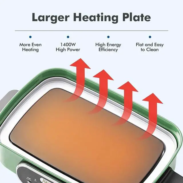 Alt view image 5 of 6 - Joydeem 3-in-1 Electric Hot Pot, Multi-use Shabu Shabu Pot with Grill Pan & Steamer, Non-stick Ceramic Oil Coating, UL Listed, JD-HG9088G, Green