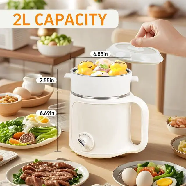 Alt view image 4 of 6 - Electric Hot Pot with Steamer: 2.0L Ramen Cooker, Multifunctional Stainless Steel Electric Pot, Portable, Dual Power Adjustment for Dorm, Office, Travel