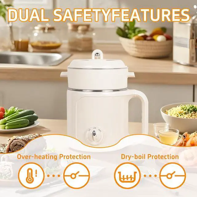 Alt view image 5 of 6 - Electric Hot Pot with Steamer: 2.0L Ramen Cooker, Multifunctional Stainless Steel Electric Pot, Portable, Dual Power Adjustment for Dorm, Office, Travel
