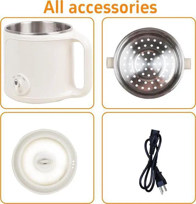 Alt view image 6 of 6 - Electric Hot Pot with Steamer: 2.0L Ramen Cooker, Multifunctional Stainless Steel Electric Pot, Portable, Dual Power Adjustment for Dorm, Office, Travel