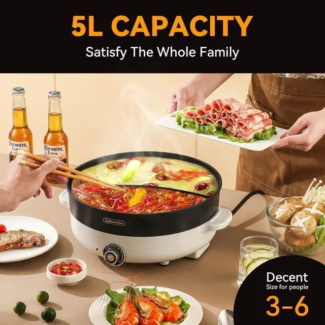 Alt view image 4 of 5 - Hot Pot Electric with Divider, 5L Double-Flavor Shabu Shabu Pot, Non-Stick Hotpot Pot Electric, Chinese Hot Pot with Multi-Power Control (1)