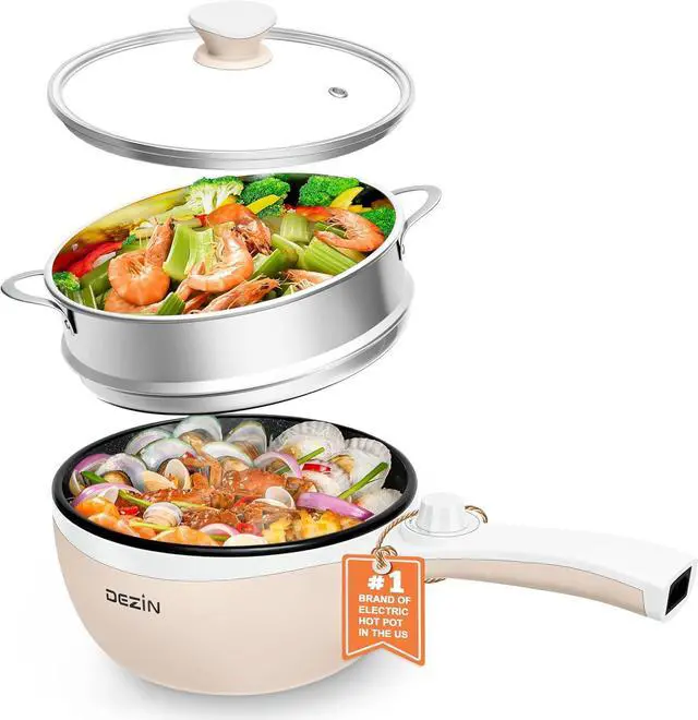 Main image of Dezin Hot Pot Electric with Steamer Upgraded, Non-Stick Sauté Pan, Rapid Noodles Electric Pot, 1.5L Mini Pot for Steak, Egg, Fried Rice, Ramen, Oatmeal, Soup with Power Adjustment