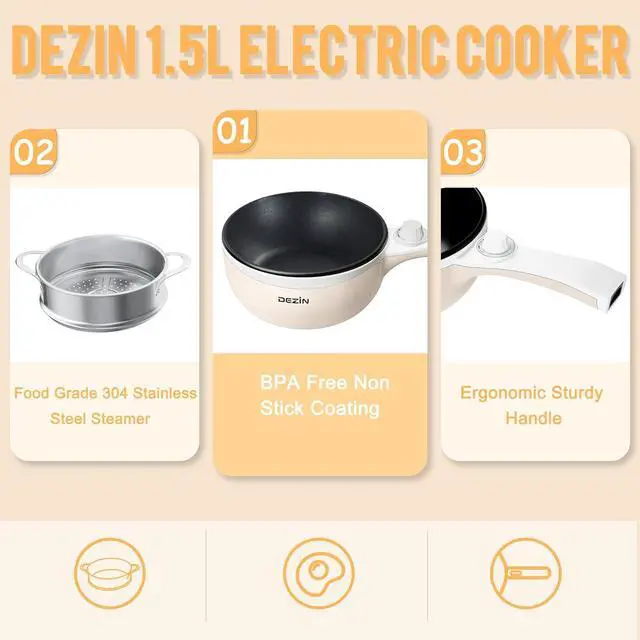 Alt view image 5 of 7 - Dezin Hot Pot Electric with Steamer Upgraded, Non-Stick Sauté Pan, Rapid Noodles Electric Pot, 1.5L Mini Pot for Steak, Egg, Fried Rice, Ramen, Oatmeal, Soup with Power Adjustment