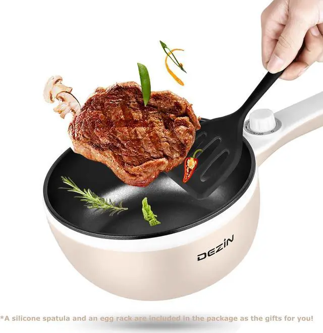 Alt view image 7 of 7 - Dezin Hot Pot Electric with Steamer Upgraded, Non-Stick Sauté Pan, Rapid Noodles Electric Pot, 1.5L Mini Pot for Steak, Egg, Fried Rice, Ramen, Oatmeal, Soup with Power Adjustment