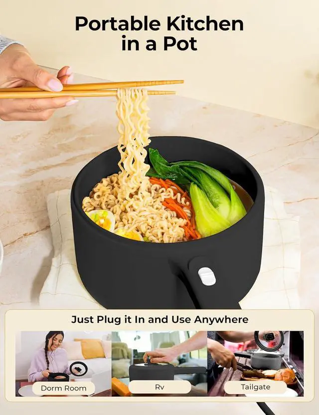 Alt view image 2 of 7 - Electric Hot Pot with Lid and Steamer, 1.5L Non Toxic Ceramic Cooker Skillet for Ramen, Eggs, Pasta Portable and Compact for Dorms, Camping, RVs, Work, Adjustable Temperature