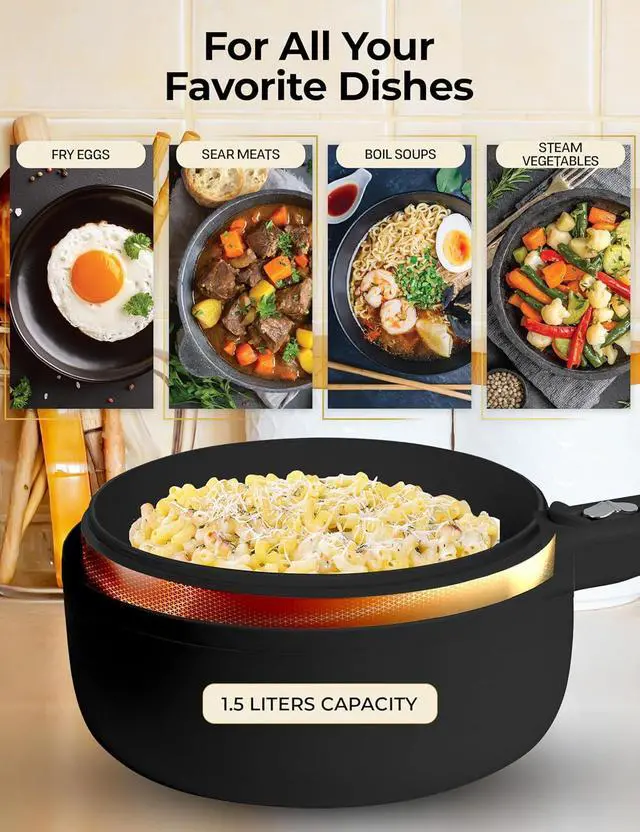 Alt view image 3 of 7 - Electric Hot Pot with Lid and Steamer, 1.5L Non Toxic Ceramic Cooker Skillet for Ramen, Eggs, Pasta Portable and Compact for Dorms, Camping, RVs, Work, Adjustable Temperature