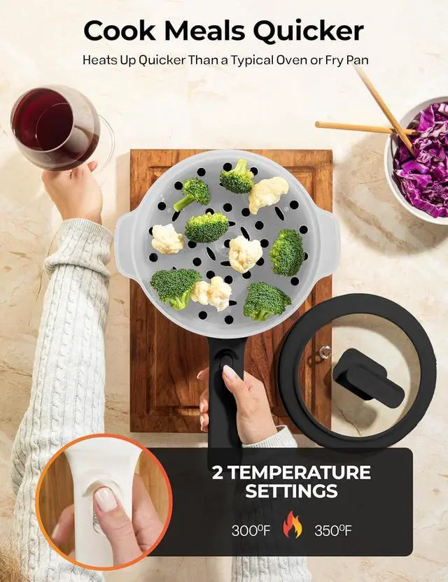 Alt view image 4 of 7 - Electric Hot Pot with Lid and Steamer, 1.5L Non Toxic Ceramic Cooker Skillet for Ramen, Eggs, Pasta Portable and Compact for Dorms, Camping, RVs, Work, Adjustable Temperature