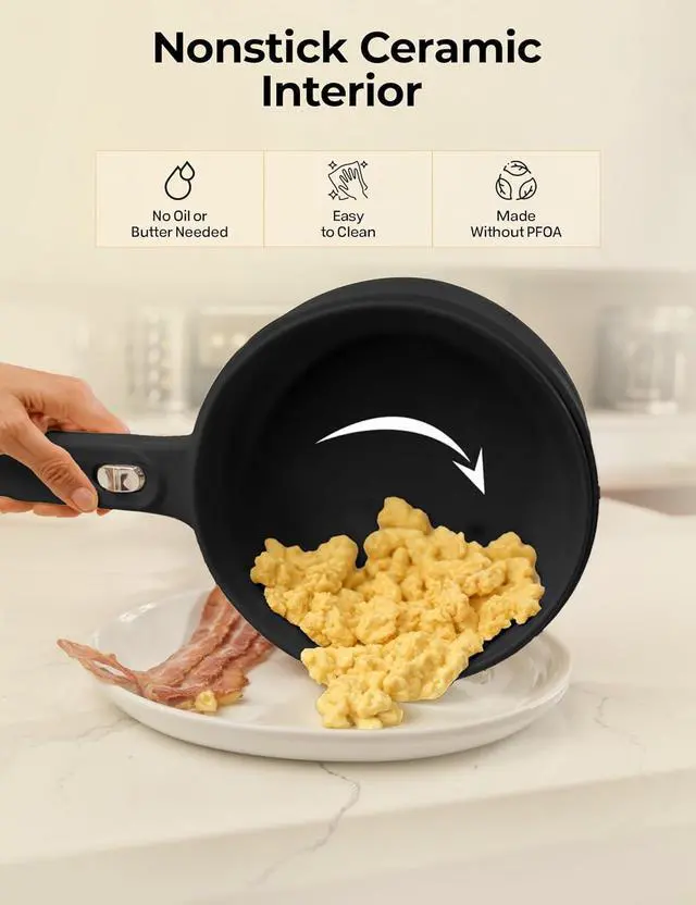 Alt view image 5 of 7 - Electric Hot Pot with Lid and Steamer, 1.5L Non Toxic Ceramic Cooker Skillet for Ramen, Eggs, Pasta Portable and Compact for Dorms, Camping, RVs, Work, Adjustable Temperature