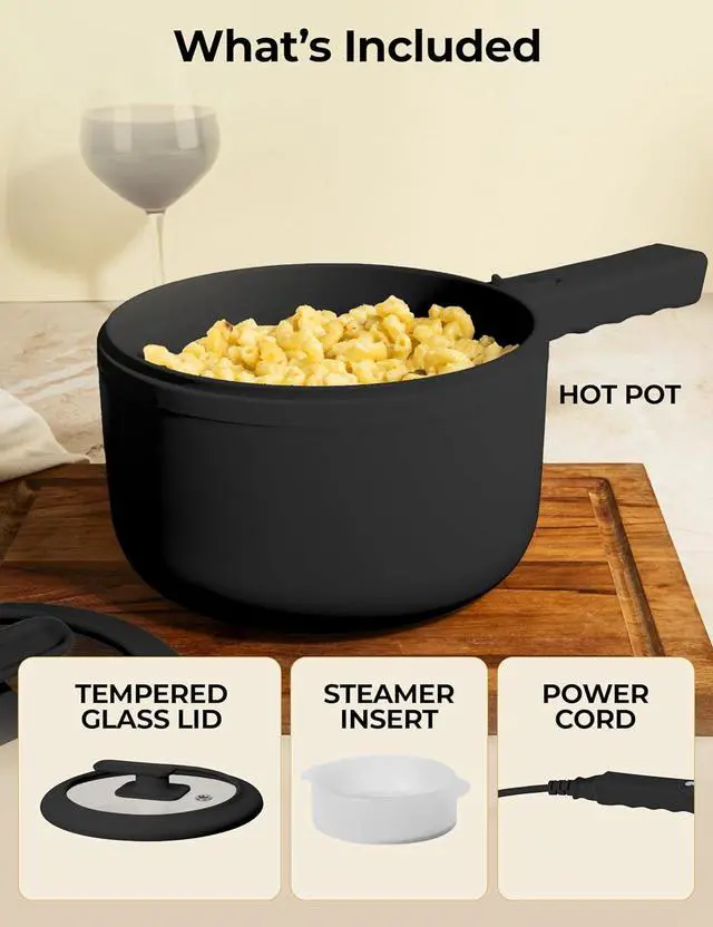 Alt view image 7 of 7 - Electric Hot Pot with Lid and Steamer, 1.5L Non Toxic Ceramic Cooker Skillet for Ramen, Eggs, Pasta Portable and Compact for Dorms, Camping, RVs, Work, Adjustable Temperature